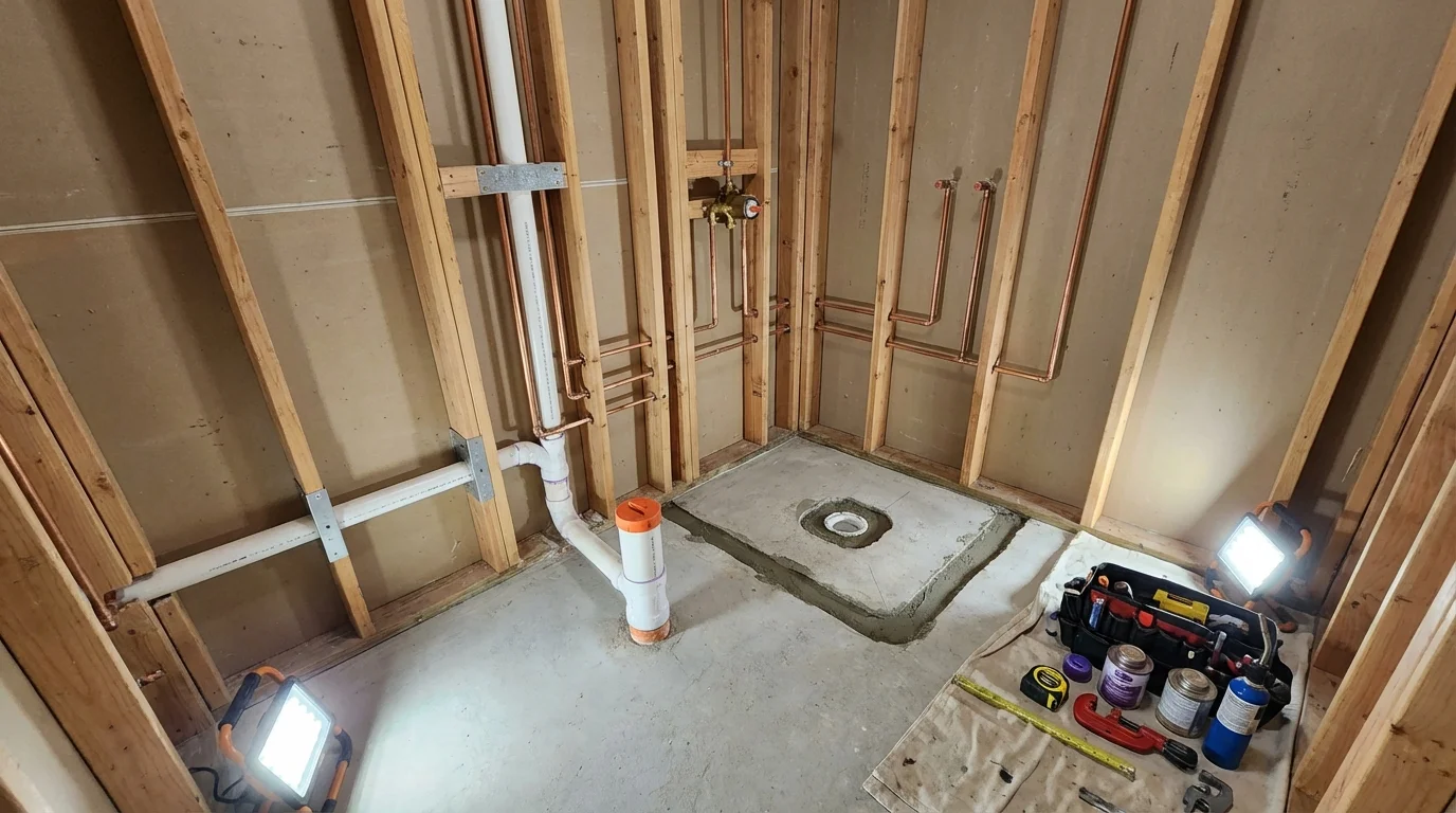 Bathroom rough-in plumbing during remodel by Johns Plumbing LLC in Pierz