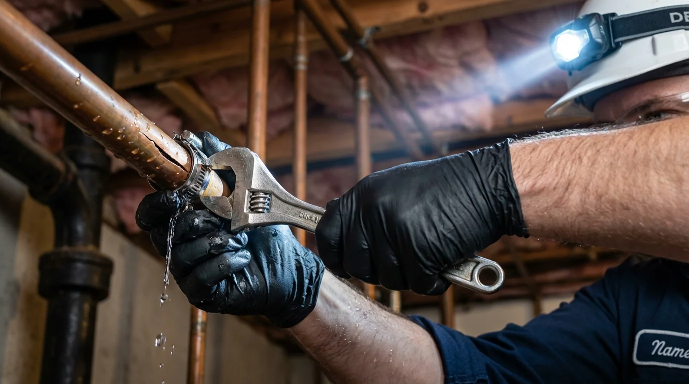 Emergency pipe clamp repair being performed by a Johns Plumbing LLC plumber in Pierz
