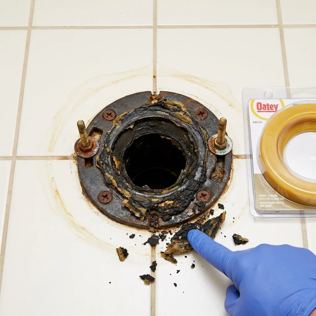 Failed wax ring showing water seepage at the base of a toilet in a Pierz, MN home
