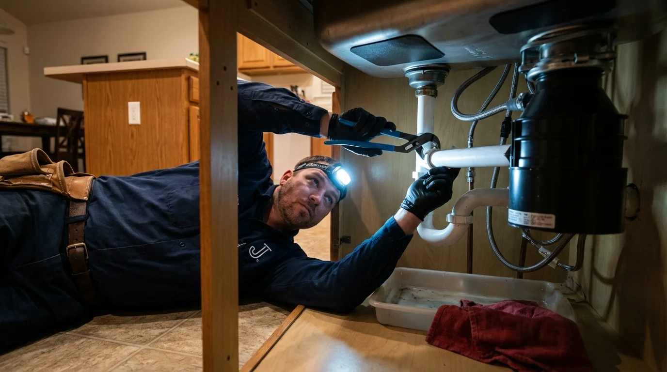 P-trap and supply line connections under a kitchen sink showing a common leak point in Pierz, MN
